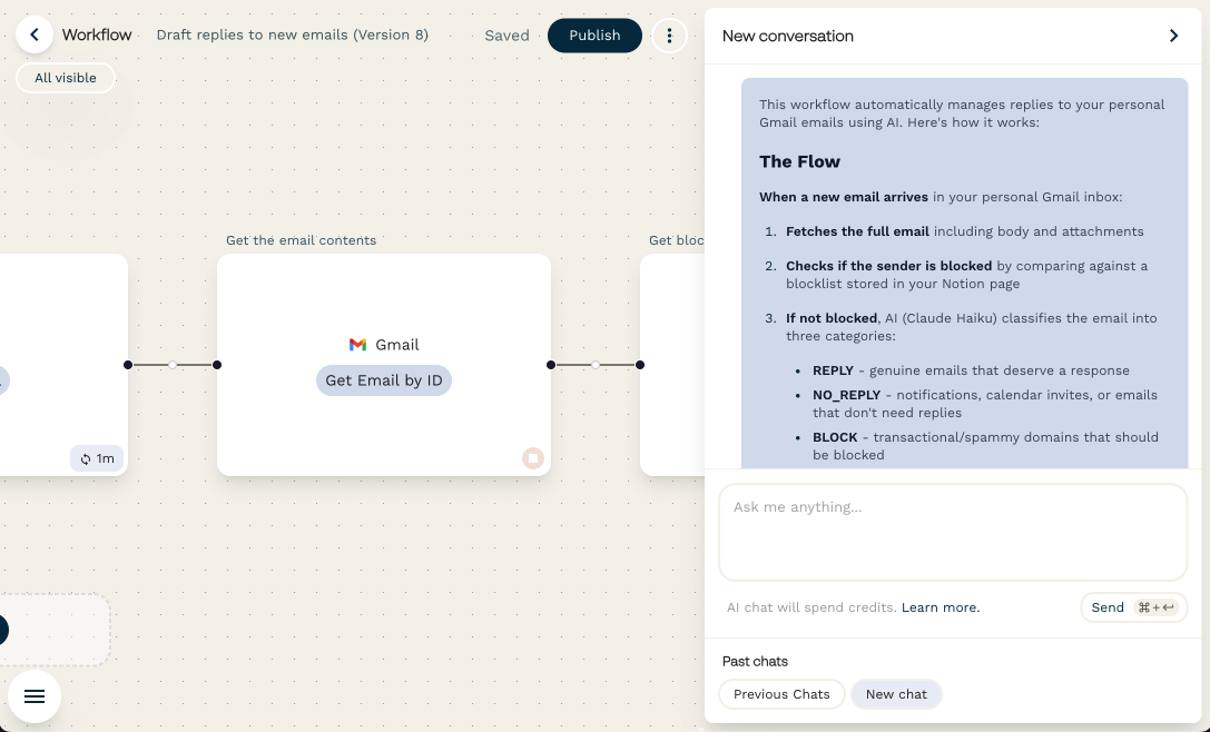 Screenshot of Stepper's conversational AI interface where a user types 'Create a workflow that sends a Slack message when someone submits a form' and the AI generates the workflow steps in real-time